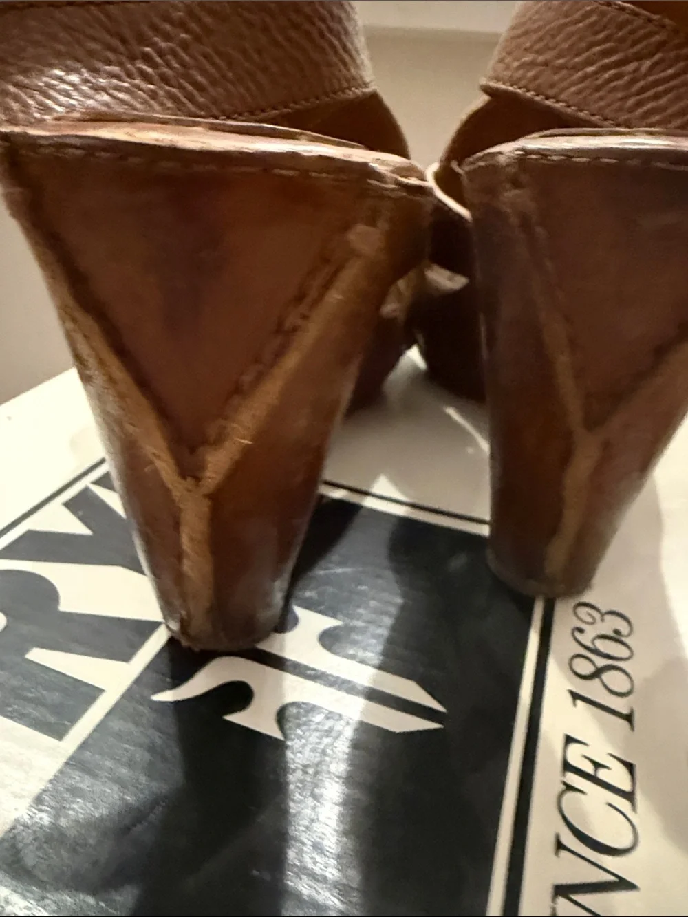 Frye Cognac Brown Leather Crisscross Wedge Sandals